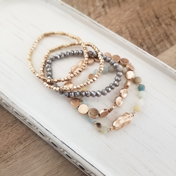 5 Piece Stretch Bracelet Set Semi Precious Stone Bead Bracelets - Picture 5 of 5